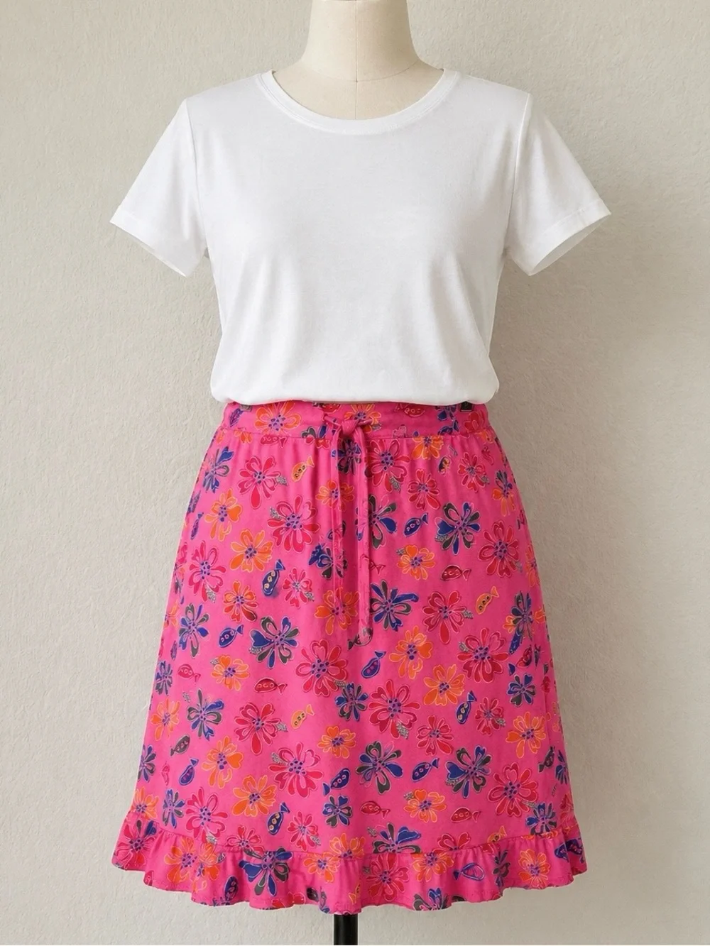 FRESH PRODUCE A-line Midi Skirt M Pull-On Floral Fish Print Beach Resort Summer - Picture 1 of 11